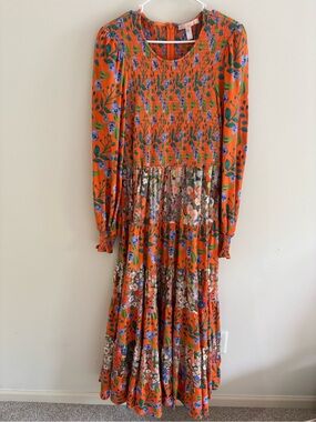 Hutch Orange Floral Long Sleeve Smocked Tiered Maxi Size Large Boho Dress